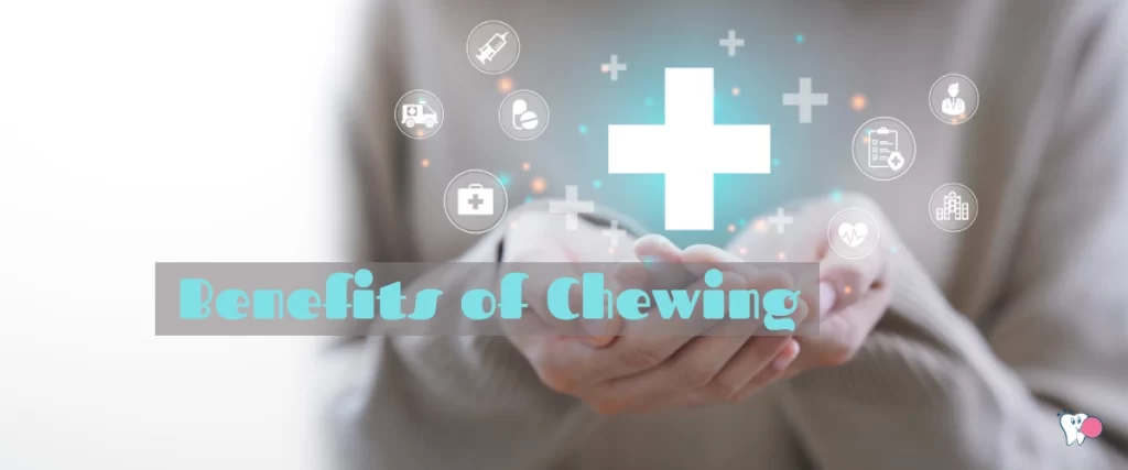 A woman holding a graphic Helvetic cross with the text "Benefits of Chewing" on a white background | For the article: Benefits of Chewing | For the website: HealthChewingGum.com (Healthy Chewing Gum) | Source: shutterstock.com