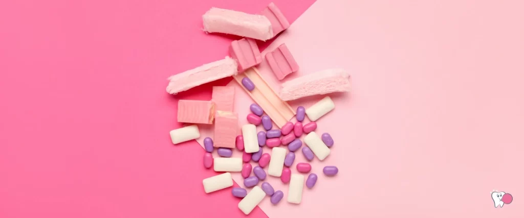 Different types of chewing gum on a color split background of 2 pink colors, source: shutterstock.com, for the article: Types of chewing gum, website: healthchewinggum.com