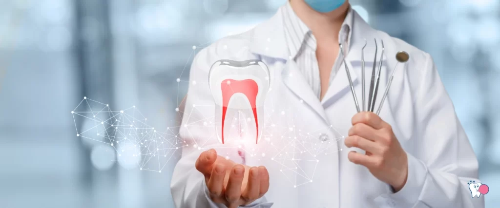 The image shows a a doctor wearing white coat showing a virtual root canal procedure on this right hand and some surgical tools in his left hand | For the article: When and why do you need root canal? | For the website: healthchewinggum.com (Health Chewing Gum)