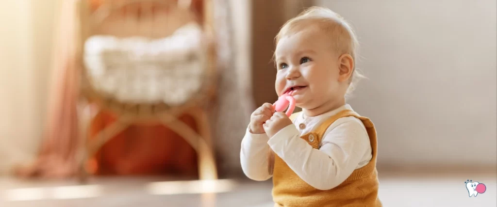 A toddler can be seen in the picture, chewing the toy | For the article: What is Chewing? | For the website: healthchewinggum.com (Health Chewing Gum)